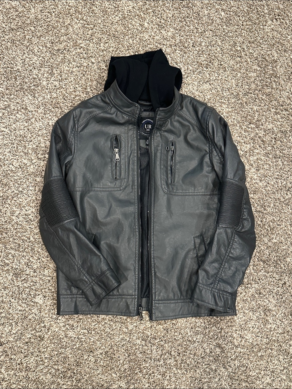 Urban Republic Black Faux Leather Hooded Jacket